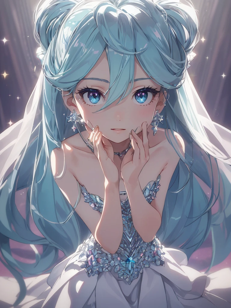 masterpiece, highest quality, figure, alexandrite eyes and hair, platinum earrings, Platinum Necklace, white dress, The Little Mermaid, cute, (dynamic lighting:1.2), cinematic lighting, delicate features, fine eyes, sharp pupils, realistic student, Depth of bounds written, Bokeh, sharp focus, (very detailed, bloom, shine:1.4), Many Small Gems, hatsune miku