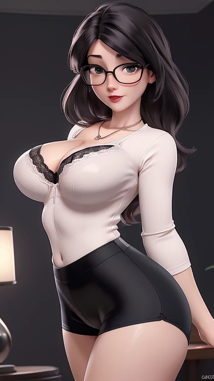 (best qualityer:1.4), body focus, (cute face), work of art, ultrarealistic, (((best qualityer))), ((comely Finger)), Gorgeous character design, ,lighting perfeita, colorfully, Ablaze_front_face_lighting, ultra high resolution, high resolution, absurderes:1.2, bokeh:1.2, Lens flare, (Vibrant_colour:1.2), (comely, medium breasts:1.2), (thick-thighs:1.1), thick,
Animated female character, frontal shot, curvy body, glasses, hands on vagina, pleasure, secretary white shirt, Pale skin, face covered by hair, ((wearing tight lycra shorts sexy lingerie seducive lace lingerie)), ((wearing ultra-tight black lycra shorts)), ((sexy lingerie)), silver necklace with pendant, wrinkles, Red lips, long hair, ((view frontal)), emphasize the breasts, ((emphasis on the buttocks))