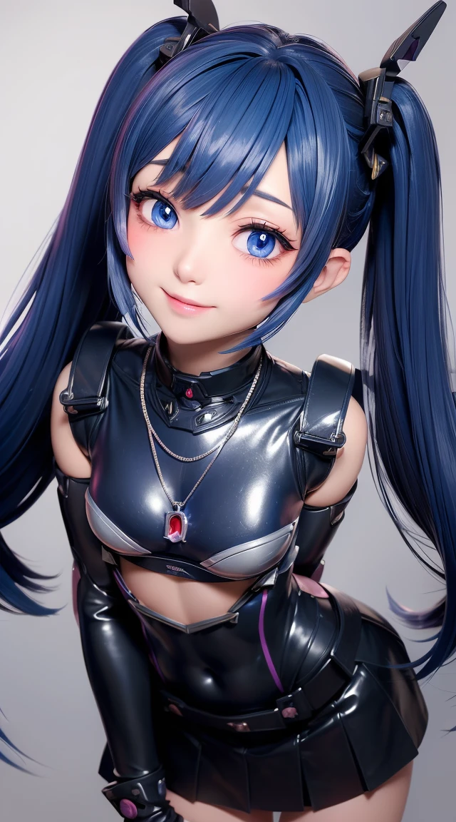(masterpiece:1.3), (Best Quality:1.3), (Ultra-detailed:1.2), ((kawaii)), Cute, (lovely), ((sexy)), ((Extremely detailed)), 4K, (8K), Best Quality, (Beautiful), Illustration, anime style, (bold line:1.2), Gradation, looking at viewer, //, (bent down:1.1), (arms behind back), //, a cute girl, 1girl, (solo:1.2), gleaming skin, //, (flat chested), (Perfect eyes:1.2), (Perfect iris:1.2), //, darkblue hair color, (beautiful eyes) //, (half closed eyes:1.3), (sexual expression:1.2), Fascinated expression, smile, (blush:1.2), //, modern city background, on rock, twin tails, straight bangs, muscle girl, hard abs, exposed abs, NECKLACE, skirt, heavy armor suit, mecha musume, underboobs