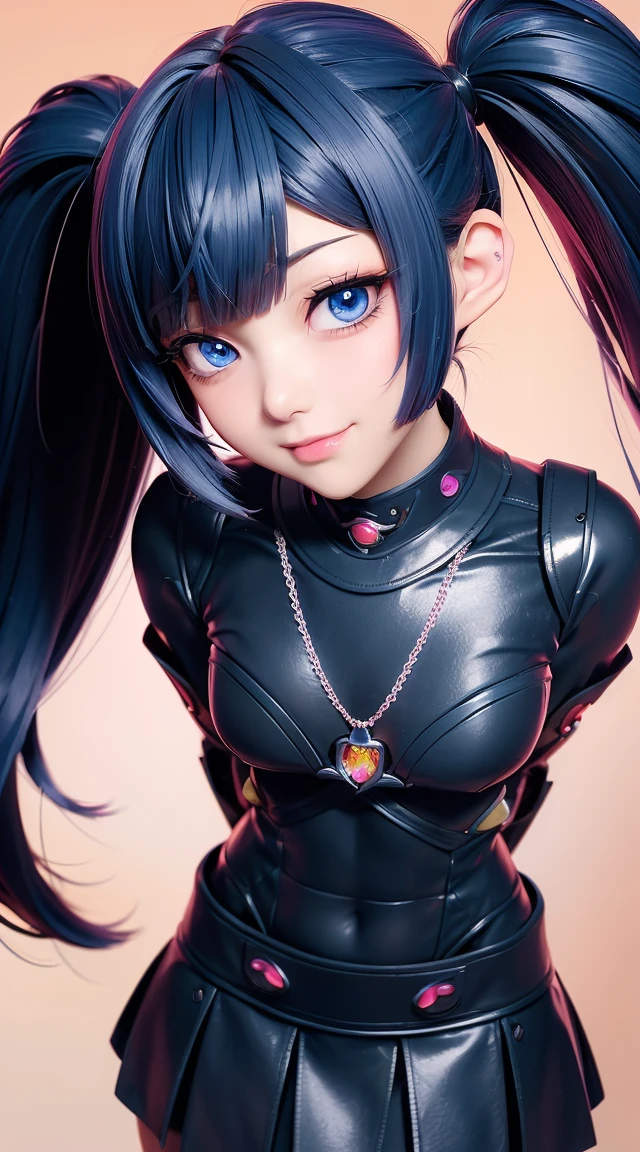  (masterpiece:1.3), (Best Quality:1.3), (Ultra-detailed:1.2), ((kawaii)), Cute, (lovely), ((sexy)), ((Extremely detailed)), 4K, (8K), Best Quality, (Beautiful), Illustration, anime style, (bold line:1.2), Gradation, looking at viewer, //, (bent down:1.1), (arms behind back), //, a cute girl, 1girl, (solo:1.2), gleaming skin, //, (flat chested), (Perfect eyes:1.2), (Perfect iris:1.2), //, darkblue hair color, (beautiful eyes) //, (half closed eyes:1.3), (sexual expression:1.2), Fascinated expression, smile, (blush:1.2), //, modern city background, on rock, twin tails, straight bangs, muscle girl, hard abs, exposed abs, NECKLACE, skirt, heavy armor suit, mecha musume, underboobs