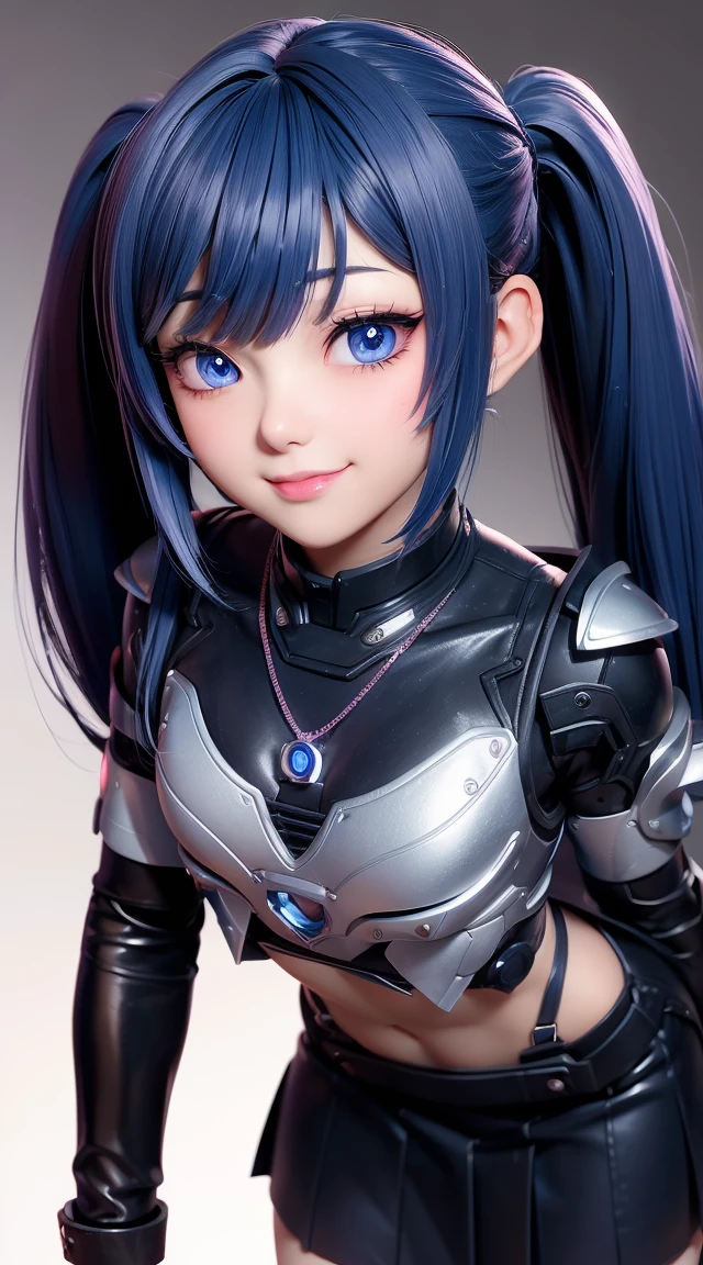  (masterpiece:1.3), (Best Quality:1.3), (Ultra-detailed:1.2), ((kawaii)), Cute, (lovely), ((y)), ((Extremely detailed)), 4K, (8K), Best Quality, (Beautiful), Illustration, anime style, (bold line:1.2), Gradation, looking at viewer, //, (bent down:1.1), (arms behind back), //, a cute girl, 1girl, (solo:1.2), gleaming skin, //, (flat chested), (Perfect eyes:1.2), (Perfect iris:1.2), //, darkblue hair color, (beautiful eyes) //, (half closed eyes:1.3), (sexpression:1.2), Fascinated expression, smile, (blush:1.2), //, modern city background, on rock, twin tails, straight bangs, muscle girl, hard abs, exposed abs, NECKLACE, skirt, heavy armor suit, mecha musume, underboobs