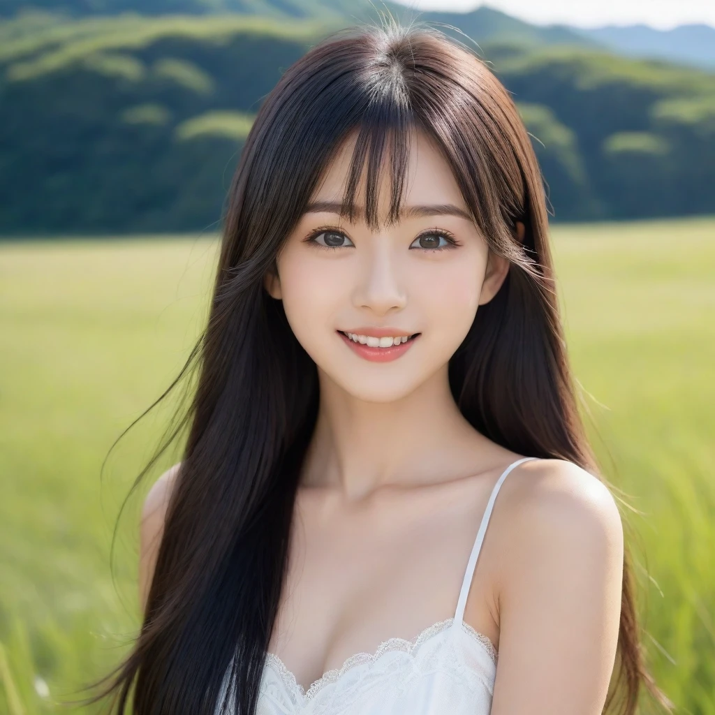 8K, Ultra-high resolution, Highest quality, masterpiece, 三分割法によるphotograph,Surreal, photograph, 1 girl, (16 years old:1.3), pretty girl, Cute face, Beautiful eyes in every detail, 細かくdetailedに,masterpiece,, One Girl:1.2, Japan Female Announcer,whole body、Black Hair、well-groomed eyebrows、Cute Lip Makeup,Minimalist Travel,Lonely, Green grassland,空を見上げる1 girl, Minimalism, In the savannah, figure,最もdetailedな,Cute gestures、so beautiful,A carefree smile,Healing the heart,Long Straight Hair,Looking at the audience、beauty,Long neck、Laugh a little、Please close your mouth and laugh、(((Ideal body type))),A-cup small breasts :2,、Portraiture:2、Perfect Anatomy、鮮明なdetailed、detailed、Surreal、Light and shadow,Strong light