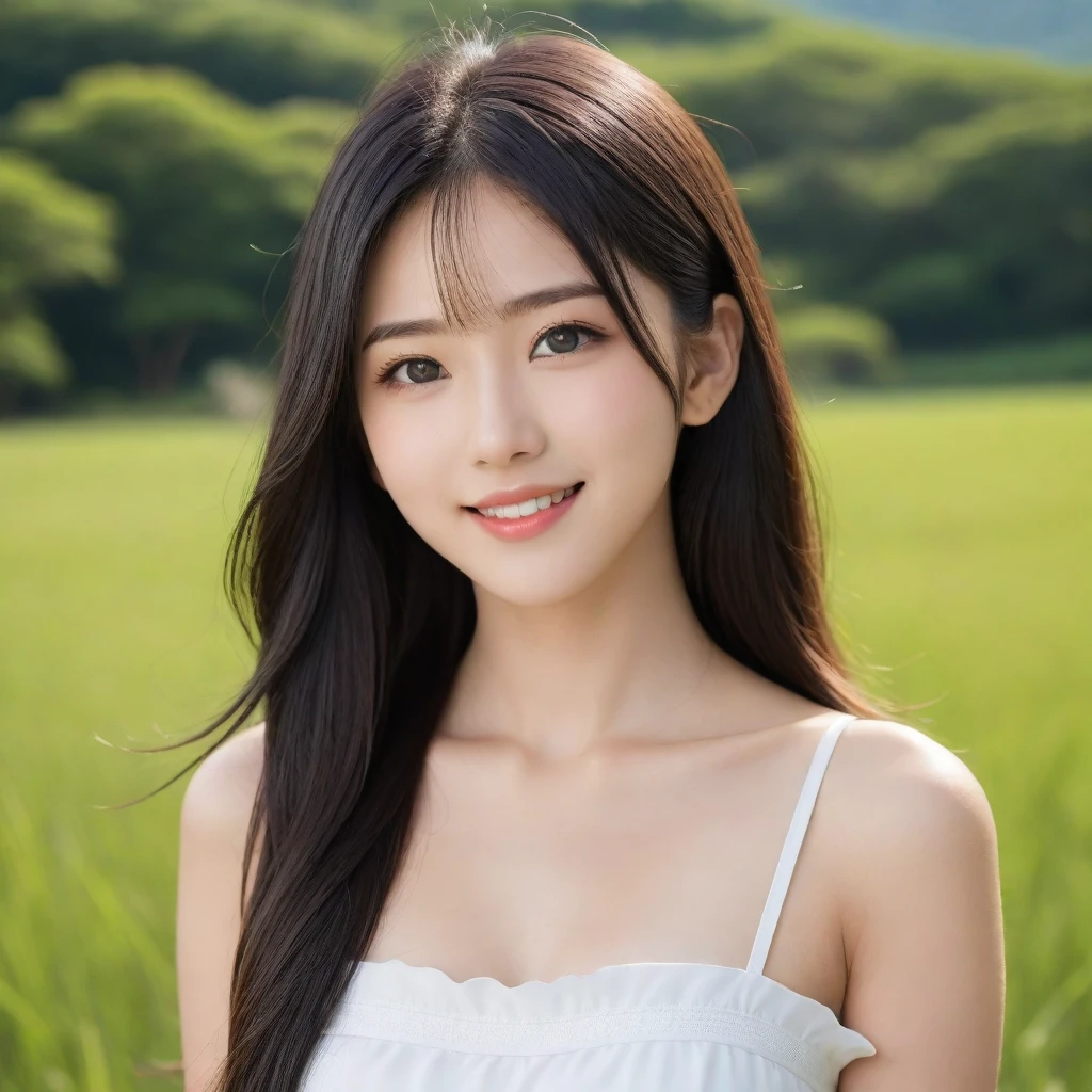 8K, Ultra-high resolution, Highest quality, masterpiece, 三分割法によるphotograph,Surreal, photograph, 1 girl, (16 years old:1.3), pretty girl, Cute face, Beautiful eyes in every detail, 細かくdetailedに,masterpiece,, One Girl:1.2, Japan Female Announcer,whole body、Black Hair、well-groomed eyebrows、Cute Lip Makeup,Minimalist Travel,Lonely, Green grassland,空を見上げる1 girl, Minimalism, In the savannah, figure,最もdetailedな,Cute gestures、so beautiful,A carefree smile,Healing the heart,Long Straight Hair,Looking at the audience、beauty,Long neck、Laugh a little、Please close your mouth and laugh、(((Ideal body type))),A-cup small breasts :2,、Portraiture:2、Perfect Anatomy、鮮明なdetailed、detailed、Surreal、Light and shadow,Strong light