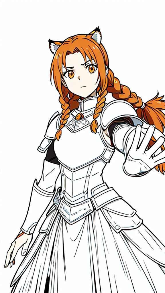 (1girl,20 years old,mature female,solo),tiger ears,long hair,(twin braids),orange hair,white knight armor,(white background,line drawing),upper body,serious,upper body,outstretched hand,from front