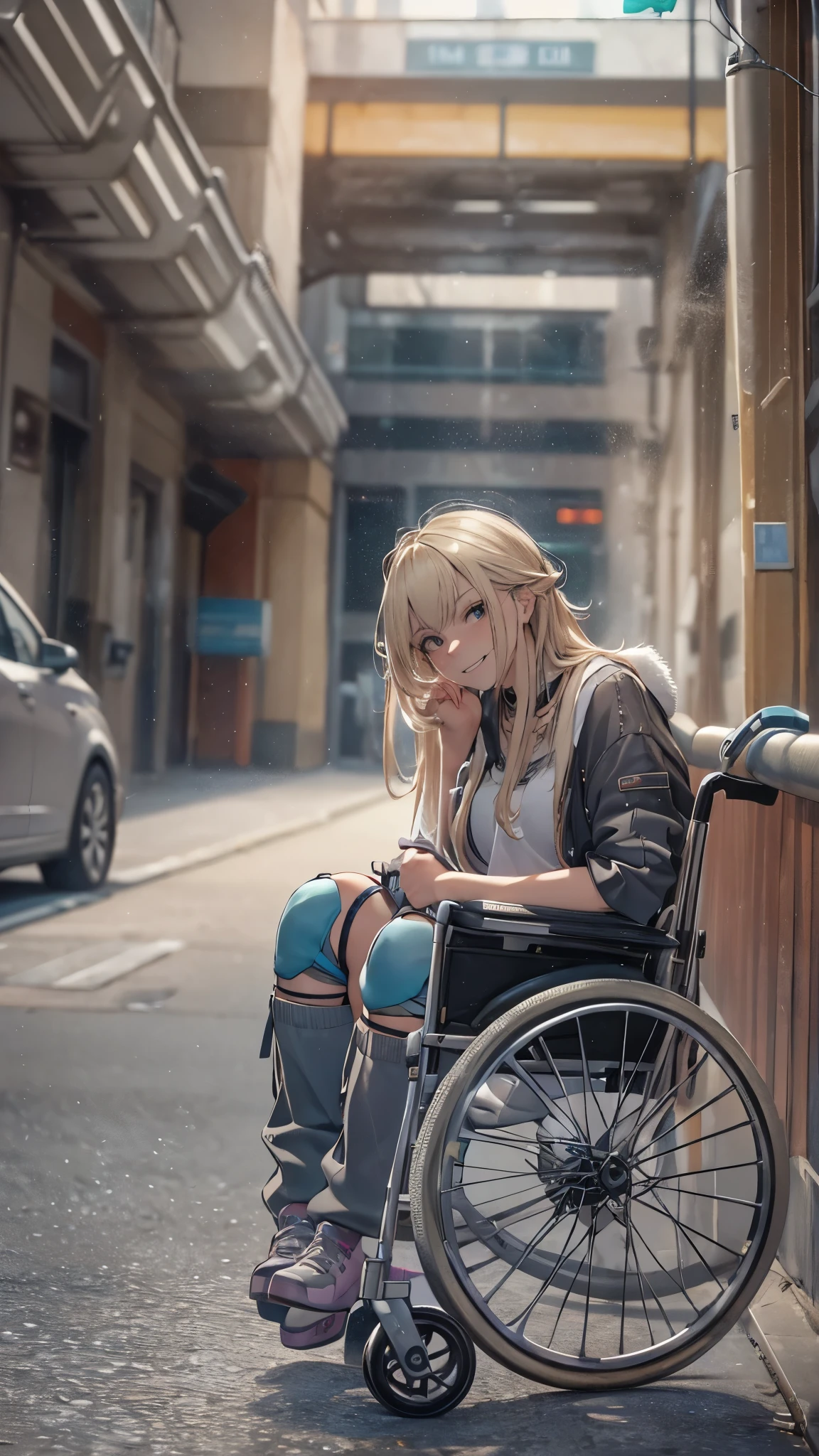 (Very detailed, Realistic), Cityscape, [moderately:Oil], [Professional:1.1], [Physically Based Rendering], [Bright colors], [Sharp focus], [Studio Lighting], [Extreme Detail], [Highest quality,4K,8K,High resolution,masterpiece:1.2],(Detailed face),((inside the hospital)),((One 18-year-old woman)),(Blonde unkempt hair),(dark),(it hurts),(Scary),(grin),[Nervous eyes],((her legs are very thin)),((She walks with crutches,Crutch length from armpit,Crutches are at her side)),((she leans on her crutches)),((she’s putting on her legs in cast)),((leg braces)),((leg braces)),((she’s wheelchair user)),((she’s wheelchair user)),((Her feet are turned inwards)),(street casual fashion,cold shoulder tops,shorts,loose socks),((lace-up-boots)),(gloves,Knee pads),.