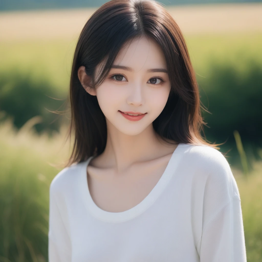 8K, Ultra-high resolution, Highest quality, masterpiece, 三分割法によるphotograph,Surreal, photograph, 1 girl, (16 years old:1.3), pretty girl, Cute face, Beautiful eyes in every detail, 細かくdetailedに,masterpiece,, One Girl:1.2, Japan Female Announcer,whole body、Black Hair、well-groomed eyebrows、Cute Lip Makeup,Minimalist Travel,Lonely, Green grassland,空を見上げる1 girl, Minimalism, In the savannah, figure,最もdetailedな,Cute gestures、so beautiful,A carefree smile,Healing the heart,Long Straight Hair,Looking at the audience、beauty,Long neck、Laugh a little、Please close your mouth and laugh、(((Ideal body type))),A-cup small breasts :2,、Portraiture:2、Perfect Anatomy、鮮明なdetailed、detailed、Surreal、Light and shadow,Strong light