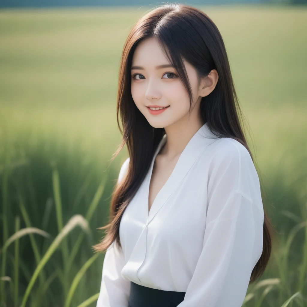 8K, Ultra-high resolution, Highest quality, masterpiece, 三分割法によるphotograph,Surreal, photograph, 1 girl, (16 years old:1.3), pretty girl, Cute face, Beautiful eyes in every detail, 細かくdetailedに,masterpiece,, One Girl:1.2, Japan Female Announcer,whole body、Black Hair、well-groomed eyebrows、Cute Lip Makeup,Minimalist Travel,Lonely, Green grassland,空を見上げる1 girl, Minimalism, In the savannah, figure,最もdetailedな,Cute gestures、so beautiful,A carefree smile,Healing the heart,Long Straight Hair,Looking at the audience、beauty,Long neck、Laugh a little、Please close your mouth and laugh、(((Ideal body type))),A-cup small breasts :2,、Portraiture:2、Perfect Anatomy、鮮明なdetailed、detailed、Surreal、Light and shadow,Strong light
