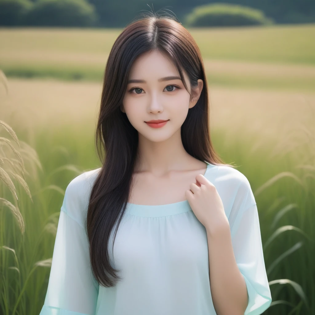 8K, Ultra-high resolution, Highest quality, masterpiece, 三分割法によるphotograph,Surreal, photograph, 1 girl, (16 years old:1.3), pretty girl, Cute face, Beautiful eyes in every detail, 細かくdetailedに,masterpiece,, One Girl:1.2, Japan Female Announcer,whole body、Black Hair、well-groomed eyebrows、Cute Lip Makeup,Minimalist Travel,Lonely, Green grassland,空を見上げる1 girl, Minimalism, In the savannah, figure,最もdetailedな,Cute gestures、so beautiful,A carefree smile,Healing the heart,Long Straight Hair,Looking at the audience、beauty,Long neck、Laugh a little、Please close your mouth and laugh、(((Ideal body type))),A-cup small breasts :2,、Portraiture:2、Perfect Anatomy、鮮明なdetailed、detailed、Surreal、Light and shadow,Strong light