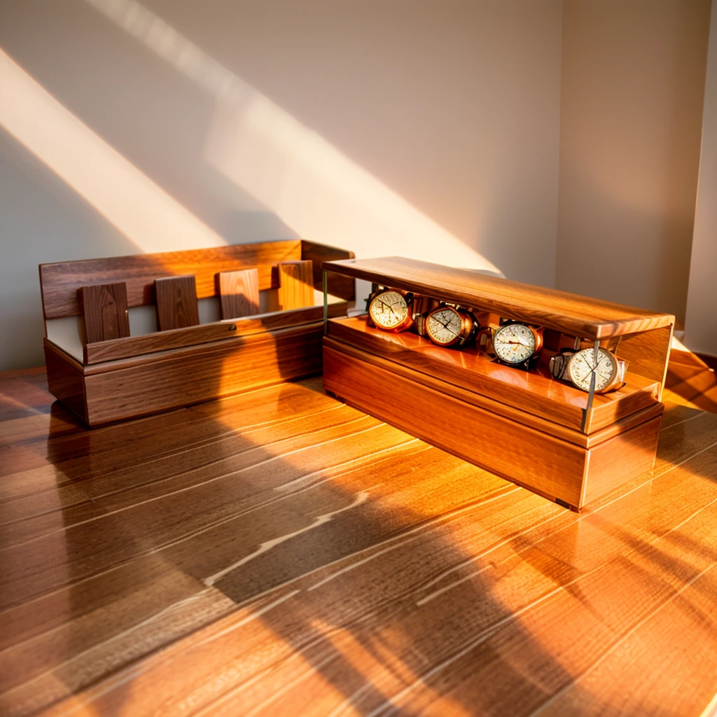 In this cozy room,A ray of sunlight shone on the table through the half-drawn curtains,Let the wood grain on the watch storage case shine with a faint sheen。There is a calm and serene atmosphere in the surrounding air。Several still lifes hang on the walls of the room,It adds a touch of elegance to the space。And on the other side of the room,A half-open window lets the breeze blow in,The pages on the small desk by the window flipped in the wind,This quiet scene gives a sense of tranquility and comfort。