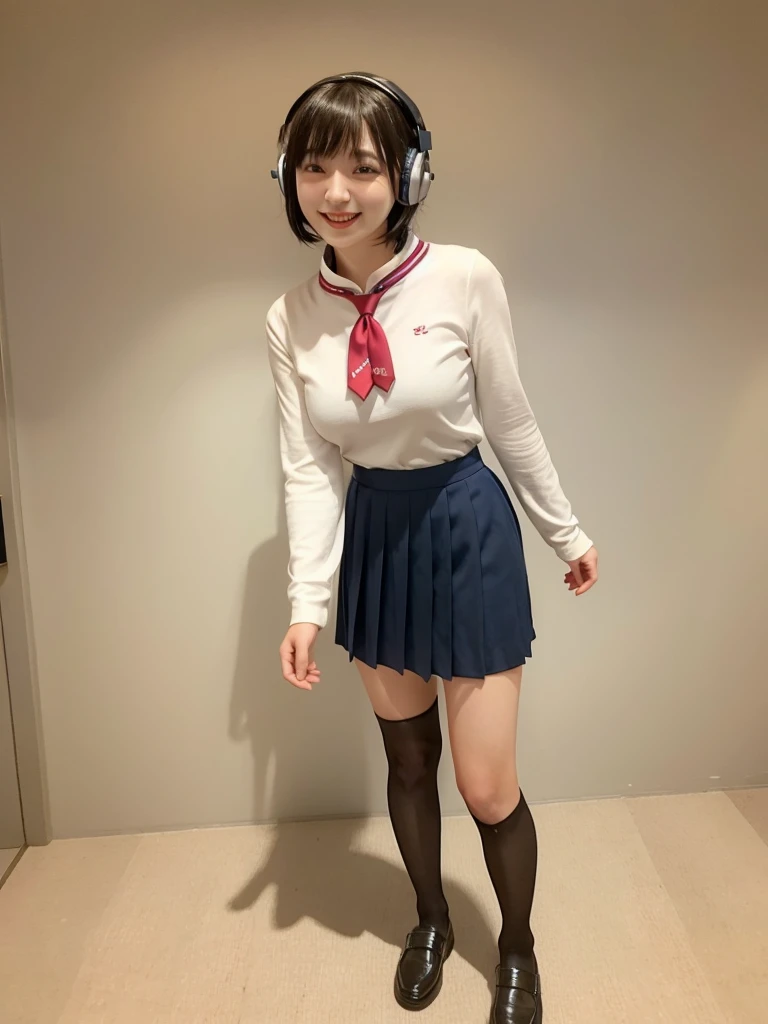 best quality, masterpiece, realistic, photorealistic, 1girl, solo, looking at viewer, smile, standing, full body, arms at side, cosplay, BLACK hair, very short hair, headphones, alternate costume, , sailor collar, shirt, long sleeves, necktie, skirt, pleated skirt, white thighhighs, loafers, simple background, Japanese women、24-years-old、The background is a pure white room、Singing on a microphone、The chest is very small、very Short hair、Part your bangs and sweep them to the side、flat chest