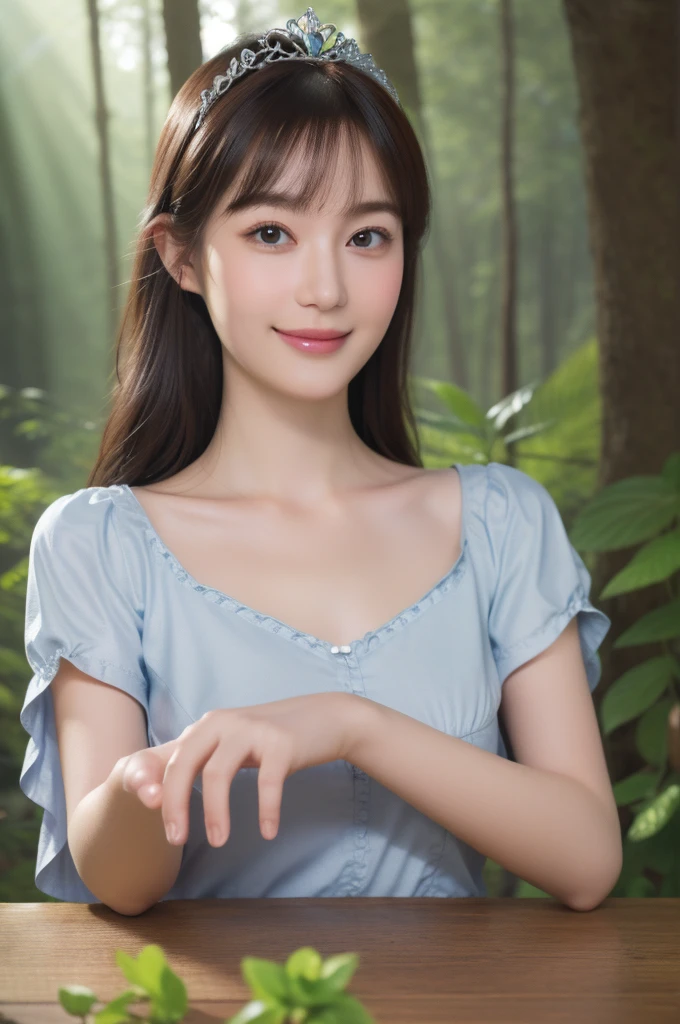 ((Tabletop:1.4、Highest quality))、(Realistic photos:1.4)、((One girl))、(超High resolution:1.2)、Very delicate and beautiful、wonderful、Highly detailed CG unity 8k wallpapers、Super detailed、High resolution、Soft Light、Beautiful detailed girl、Highly detailed eyes and face、Beautifully detailed nose、Beautifully detailed eyes、(Fairytale Princess:1.3)、Cinematic lighting、Perfect Anatomy、Slim body、、(Parted bangs)、(Little House in the Forest:1.3)、Cowboy Shots、Look at the viewer、smile