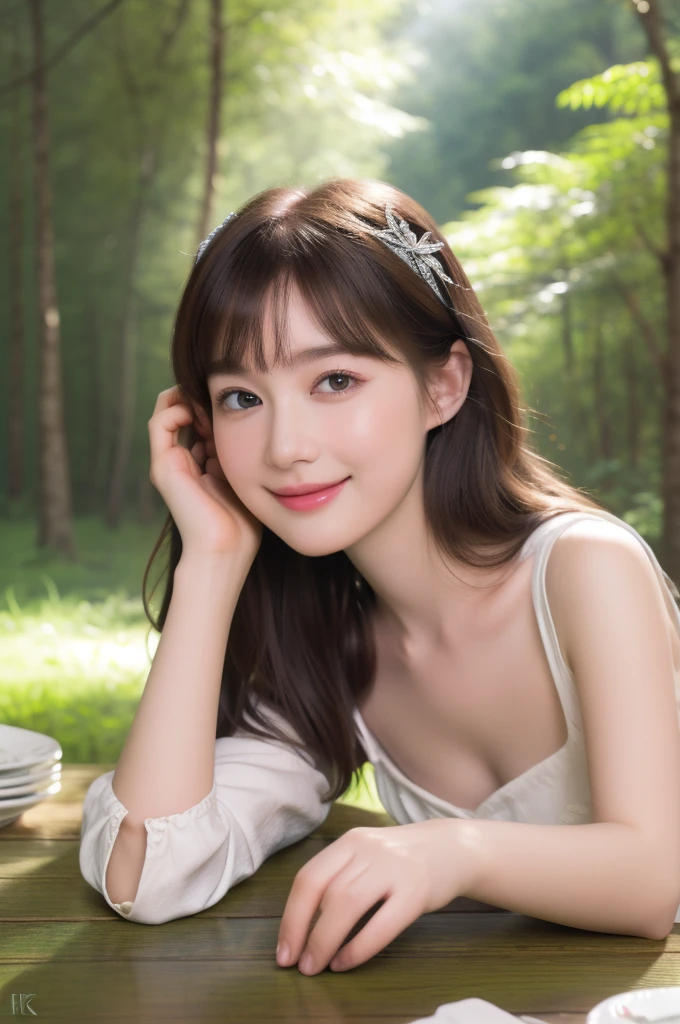 ((Tabletop:1.4、Highest quality))、(Realistic photos:1.4)、((One girl))、(超High resolution:1.2)、Very delicate and beautiful、wonderful、Highly detailed CG unity 8k wallpapers、Super detailed、High resolution、Soft Light、Beautiful detailed girl、Highly detailed eyes and face、Beautifully detailed nose、Beautifully detailed eyes、(Fairytale Princess:1.3)、Cinematic lighting、Perfect Anatomy、Slim body、、(Parted bangs)、(Little House in the Forest:1.3)、Cowboy Shots、Look at the viewer、smile