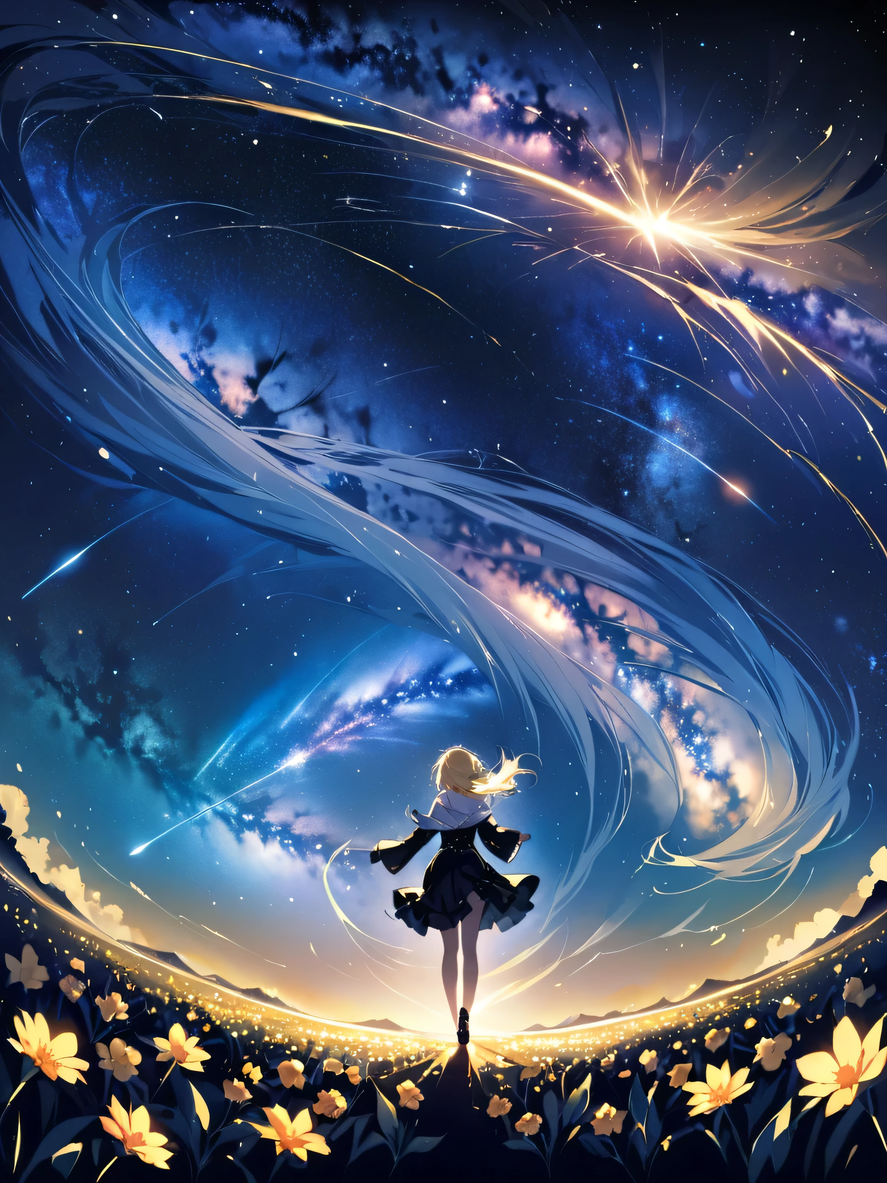 (Highest quality、masterpiece)、One Girl、Full Body Shot、stop temporarily、particle、Wind、flower、blonde、milky way、5mTake the lead、