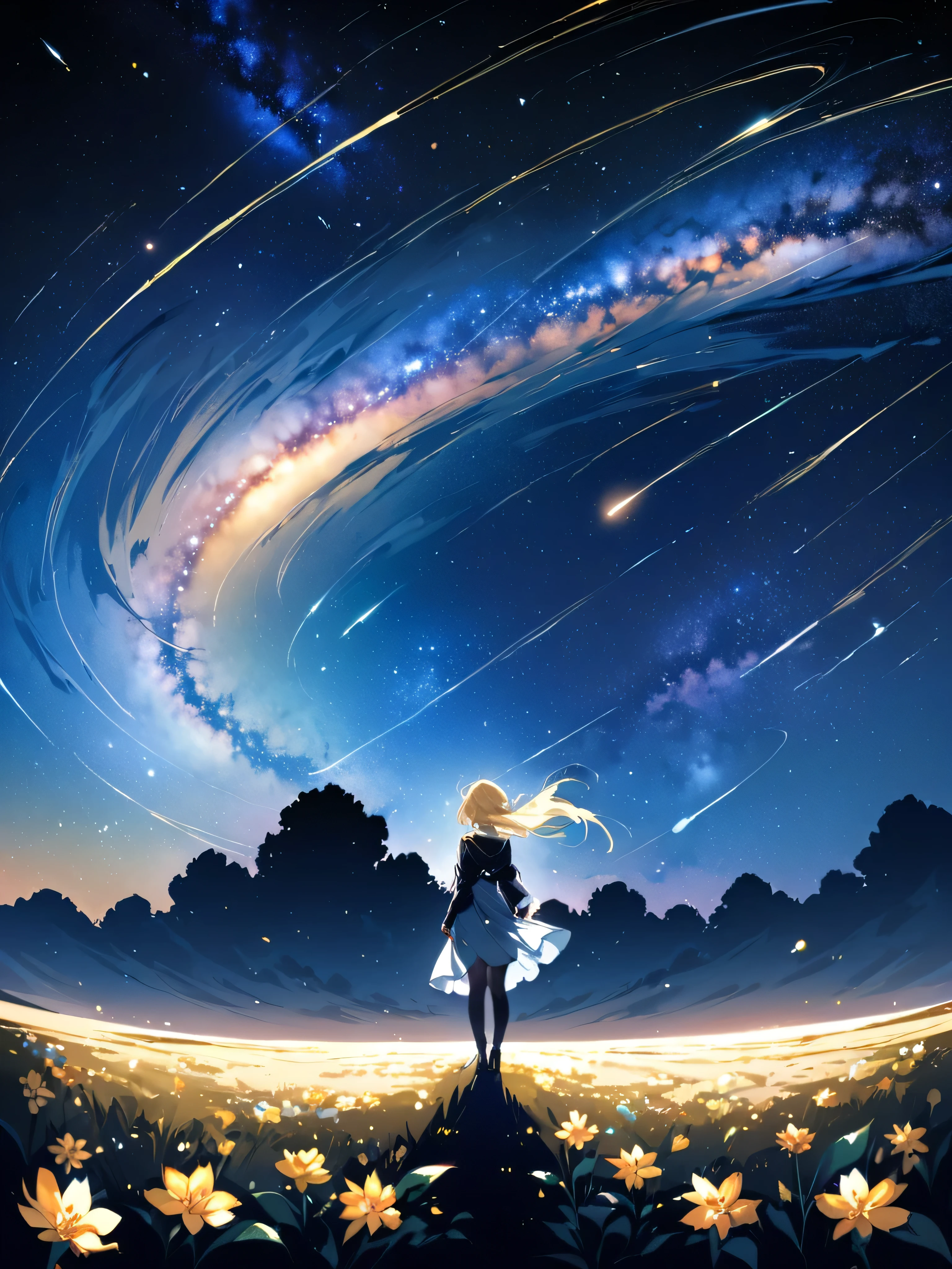 (Highest quality、masterpiece)、One Girl、Full Body Shot、stop temporarily、particle、Wind、flower、blonde、milky way、5ｍTake the lead、