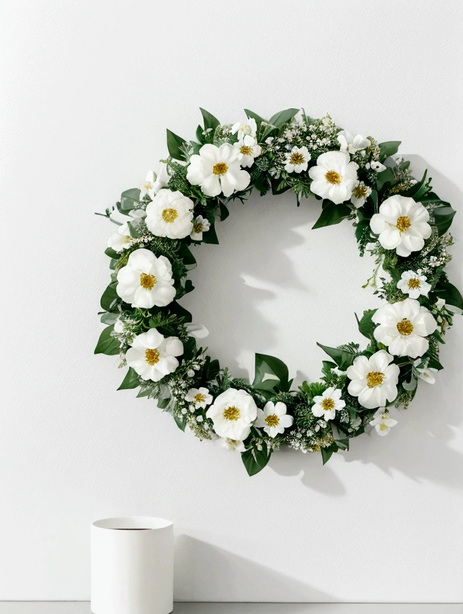 White background,a wreath, Made of flowers, Perfect minimalist composition, , elegant composition, Beautiful composition 3-d 4k, Background still life photo