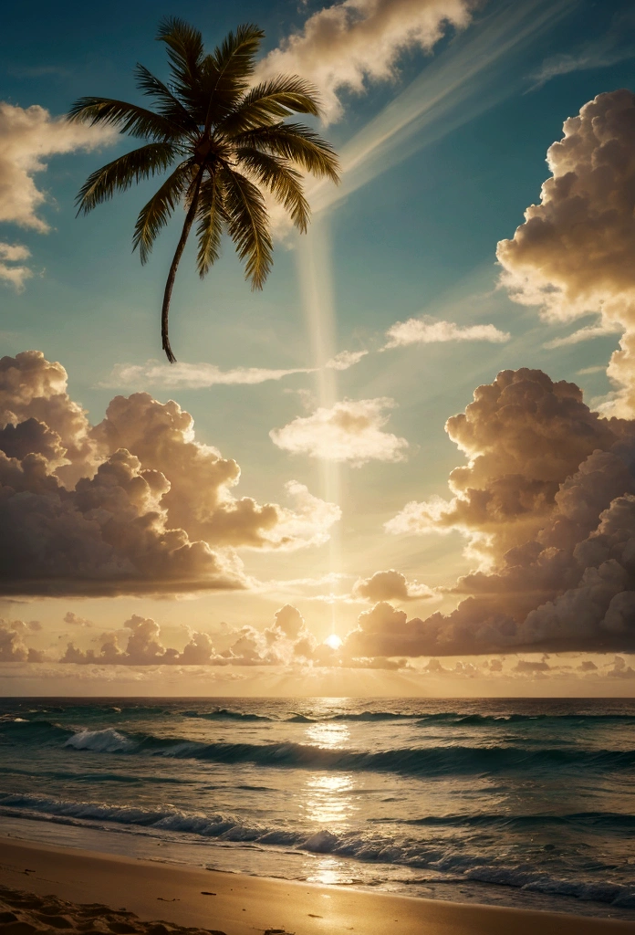 (highres,master part:1.2),detailed portrait of Jesus Christ descending from the heavens with open arms amidst the clouds among angels playing harps on the beach,portraits,realisitic,soft golden lighting,warm color tones,sparkling waves,heavenly atmosphere,detailed facial features,holy aura,serene expression,sacred garments,arms outstretched,areola,angelic wings,harmonious composition,Peaceful and Divine Setting,lush green palm trees,sandy shore,ethereal glow,sun rays breaking through clouds