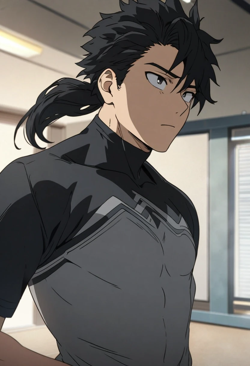 A highschool boy, handsome, perfect body, black hair, long straight hair, mullet black eyes, expressionless, black shirt, anime, first-person view, My Hero Academia art style, masterpiece, anatomically correct, high details, highres, best quality, super detail, 1080P