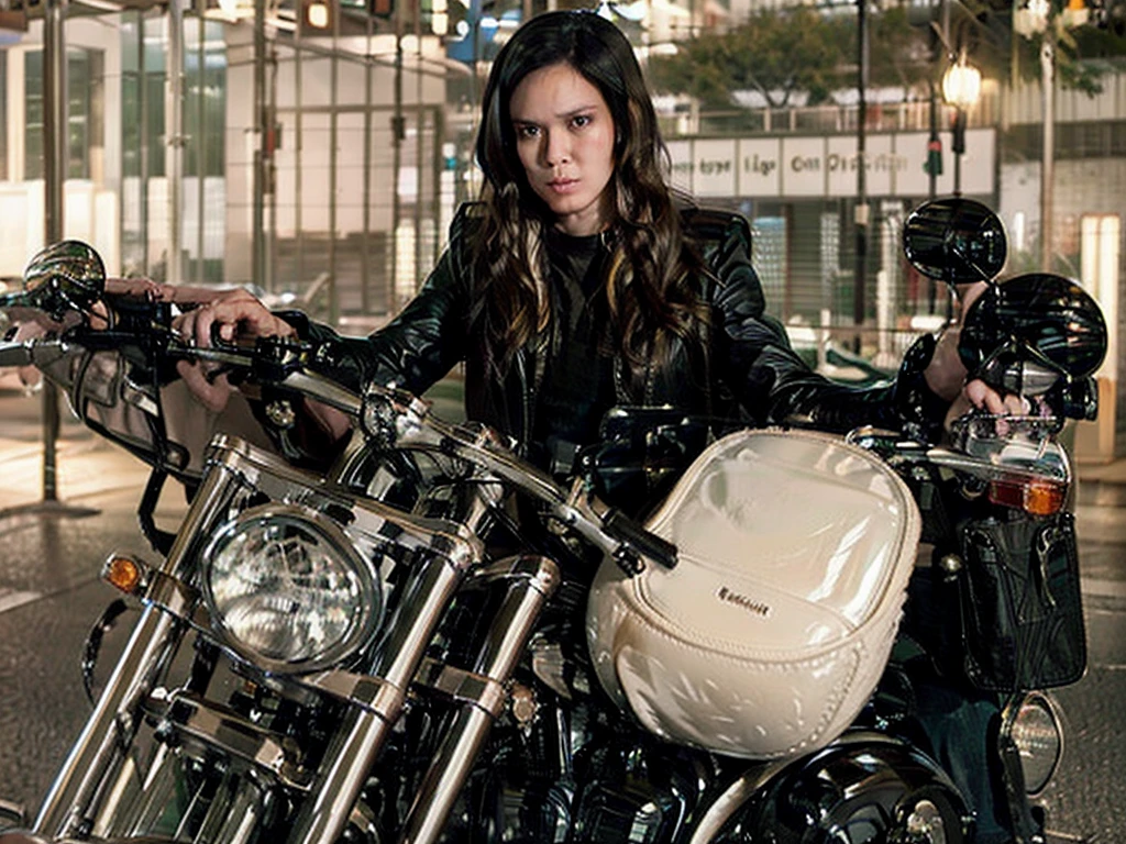 Woman riding a Harley,Long black hair with red highlights, Full Scene Shot, Highest quality, sunset, Step Path, The wind is blowing,Look up at the sky， Beautiful woman, Outdoor Scene, 自然のlandscape, bikini, Umbilical cord prolapse, jeans，Cross Belt、Highly detailed face and skin texture, fine grain,, whole body, Octane Rendering,Two-tone lighting,wide aperture,Low ISO,White balance, Driving a classic motorcycle, landscape