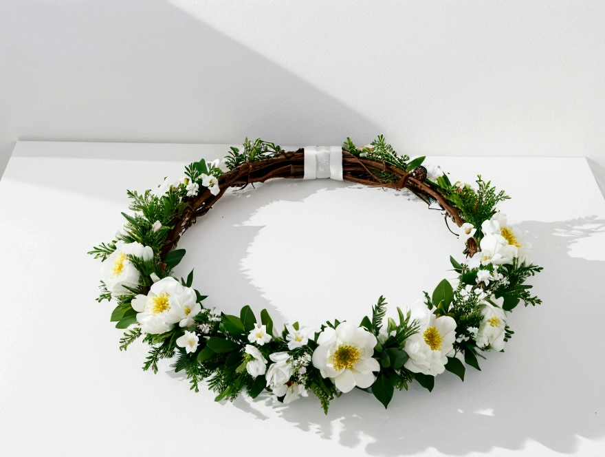 White background,a wreath, Made of flowers, Perfect minimalist composition, , elegant composition, Beautiful composition 3-d 4k, Background still life photo