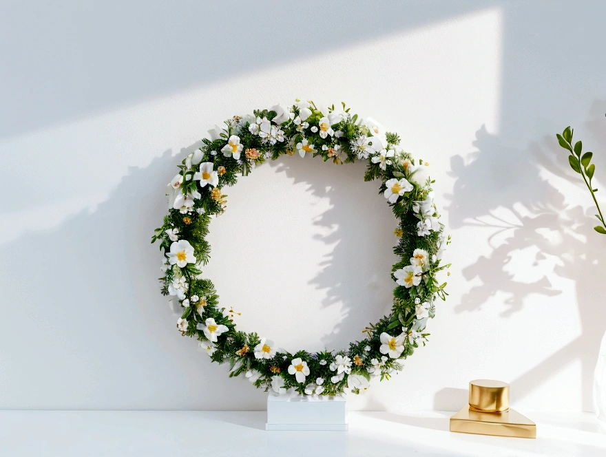 White background,a wreath, Made of flowers, Perfect minimalist composition, , elegant composition, Beautiful composition 3-d 4k, Background still life photo