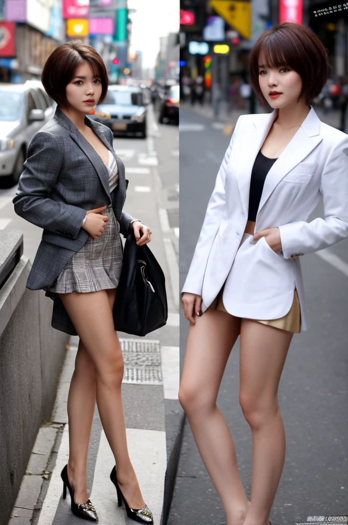 a 19 year old face of the most beautiful actress in the world, the perfect body proportions of a female, blazer is worn with formal shirt on female upper body, female crotch in panties between bare legs are seen a little thanks to skirt is too short, the short hair cut for a female, standing, at the city street, nsfw, best quality, highly detailed, masterpiece, ultra high res, photo realistic, 8k