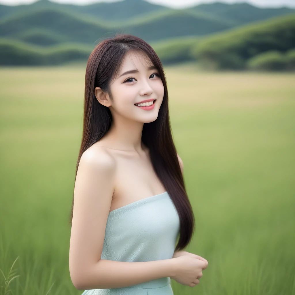 8K, Ultra-high resolution, Highest quality, masterpiece, 三分割法によるphotograph,Surreal, photograph, 1 girl, (16 years old:1.3), pretty girl, Cute face, Beautiful eyes in every detail, 細かくdetailedに,masterpiece,, One Girl:1.2, Japan Female Announcer,whole body、Black Hair、well-groomed eyebrows、Cute Lip Makeup,Minimalist Travel,Lonely, Green grassland,空を見上げる1 girl, Minimalism, In the savannah, figure,最もdetailedな,Cute gestures、so beautiful,A carefree smile,Healing the heart,Long Straight Hair,Looking at the audience、beauty,Long neck、Laugh a little、Please close your mouth and laugh、(((Ideal body type))),A-cup small breasts :2,、Portraiture:2、Perfect Anatomy、鮮明なdetailed、detailed、Surreal、Light and shadow,Strong light