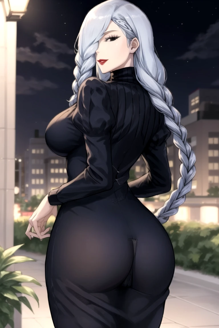 MeiMeiBD1, 1girl, solo, long hair, braid, hair over one eye, dress, smile, (((underwear)))), looking at viewer, breasts, long sleeves, braided bangs, large breasts, blue hair, braided ponytail, turtleneck dress, cowboy shot, makeup, red lips, grey hair, one eye covered, puffy sleeves, lipstick, closed mouth, turtleneck, looking back, from behind, ass focus, standing, black eyes, half-closed eyes, curvy, wide hips, covered navel, impossible clothes, outdoors, night, sky, clouds, stars, streetlights, lights, buildings, plants, bushes, (narrowed eyes:1.2), (squinted eyes:1.2), BREAK
masterpiece, best quality, highly detailed background, perfect lightingbest quality, ((shiny skin, glossy skin, detailed skin))