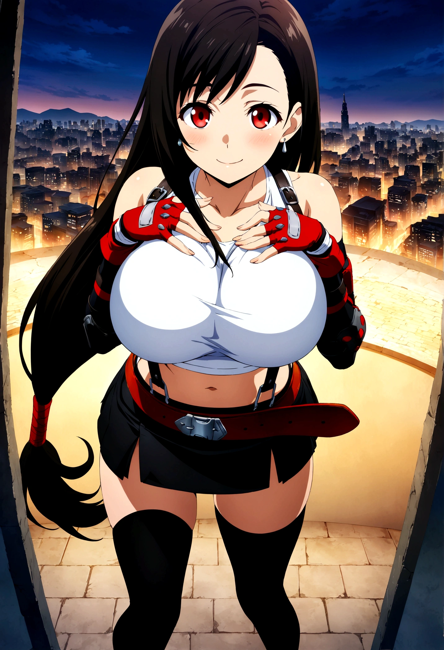 score_9, score_8_up, score_7_up,4k, ,BREAK , from front,from above,breast focus,standing,straight-on,(breast suppress,breasts squeezed together),,(medium shot),looking_at_viewer ,1girl, tifa lockhart, final fantasy, tareme,black hair, low-tied long hair, red eyes, bangs, white tank top, belt, pleated skirt, thighhighs, elbow fingerless gloves, elbow pads, midriff, navel,suspender skirt ,big_breasts,(light smile),Curvy waist ,Solo,,(midnight and beachside and city),Toned,,detailed skin,(best quality),(aesthetic,very aesthetic), rating_safe,best quality, official art, official style, anime_cap, game cg, megami magazine, absurdres