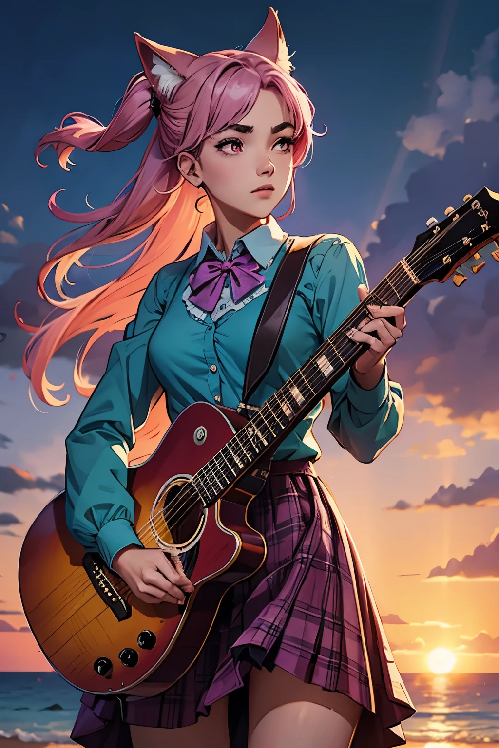 (1 girl, tamanho), (guitar standing alone), bubble overskirt, aqua chemise, 弓, 弓tie, buttons, collared chemise, unexpressive, eyebrows hidden by hair, fox mask, cowboy shot, long hair, long sleeves, mask, multicolored buttons, pink eyes, pink hair, orange overskirt, plaid, plaid chemise, purple 弓, purple 弓tie, chemise, overskirt, standing alone, very long hair, mar, ocean, beachfront, nubey, sunshine light, twilight, moonligh, nube, sky, plein-air, nubey sky, ventail, ruins, ray of sunlight, post-apocalypse, lateral view