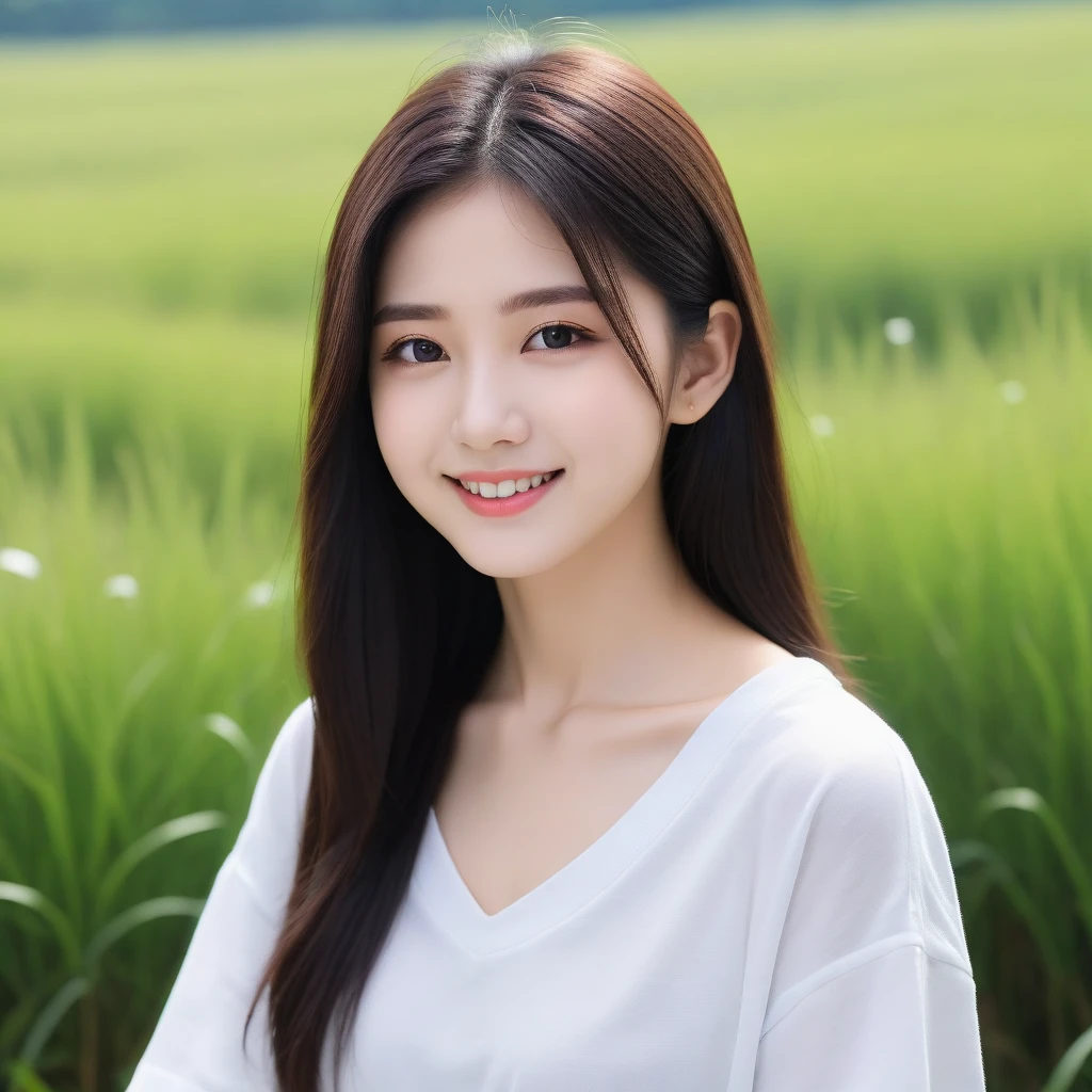8K, Ultra-high resolution, Highest quality, masterpiece, 三分割法によるphotograph,Surreal, photograph, 1 girl, (16 years old:1.3), pretty girl, Cute face, Beautiful eyes in every detail, 細かくdetailedに,masterpiece,, One Girl:1.2, Japan Female Announcer,whole body、Black Hair、well-groomed eyebrows、Cute Lip Makeup,Minimalist Travel,Lonely, Green grassland,空を見上げる1 girl, Minimalism, In the savannah, figure,最もdetailedな,Cute gestures、so beautiful,A carefree smile,Healing the heart,Long Straight Hair,Looking at the audience、beauty,Long neck、Laugh a little、Please close your mouth and laugh、(((Ideal body type))),A-cup small breasts :2,、Portraiture:2、Perfect Anatomy、鮮明なdetailed、detailed、Surreal、Light and shadow,Strong light