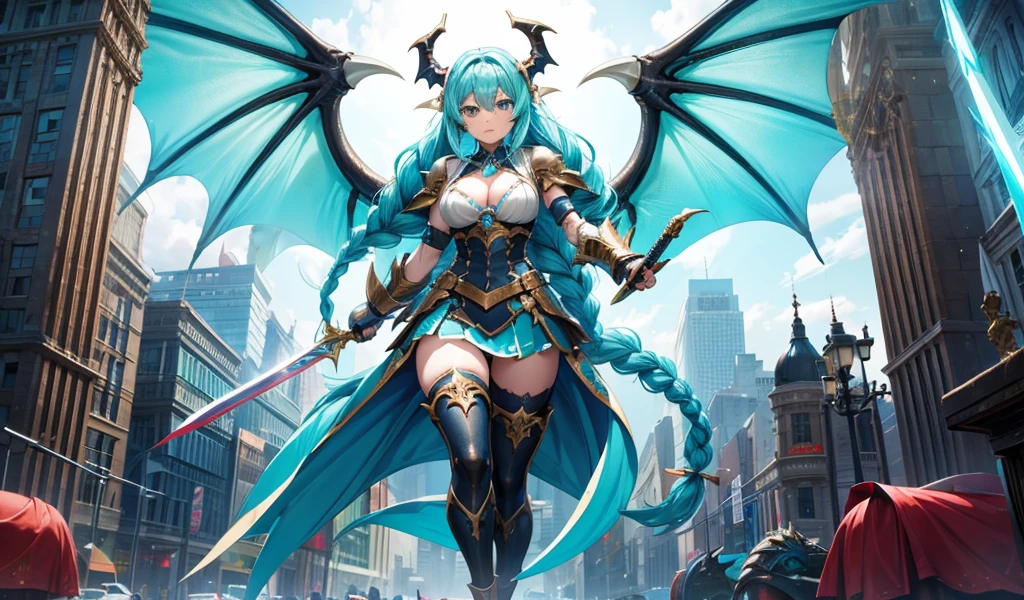 Girl with long cyan hair and double braids，Dragon Horn，Dragon Wings，tights，Cyan armor，cleavage，Iron skirt，thigh，Great sword，ruined city