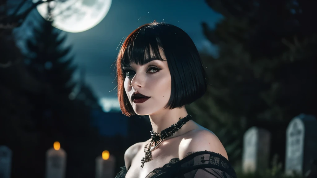 Generate a hyper-realistic image that employs the shallow depth of field technique, Head and sholders portrait to highlight a pretty goth girl wearing a gothic dress, ((cut hair with fringe)), at ((night in a creepy cemitery)) setting, (((under the moonlight))). The girl should be the focal point, with crisp clarity, while the background of the forest should be gently blurred to create a bokeh effect. (((black roses In the foreground))) should be visible but blurred, adding depth to the composition.", adding depth to the composition. Sony Alpha A7R III, macros lens , f/5.6. ((Cinematic purple Lighting)) .