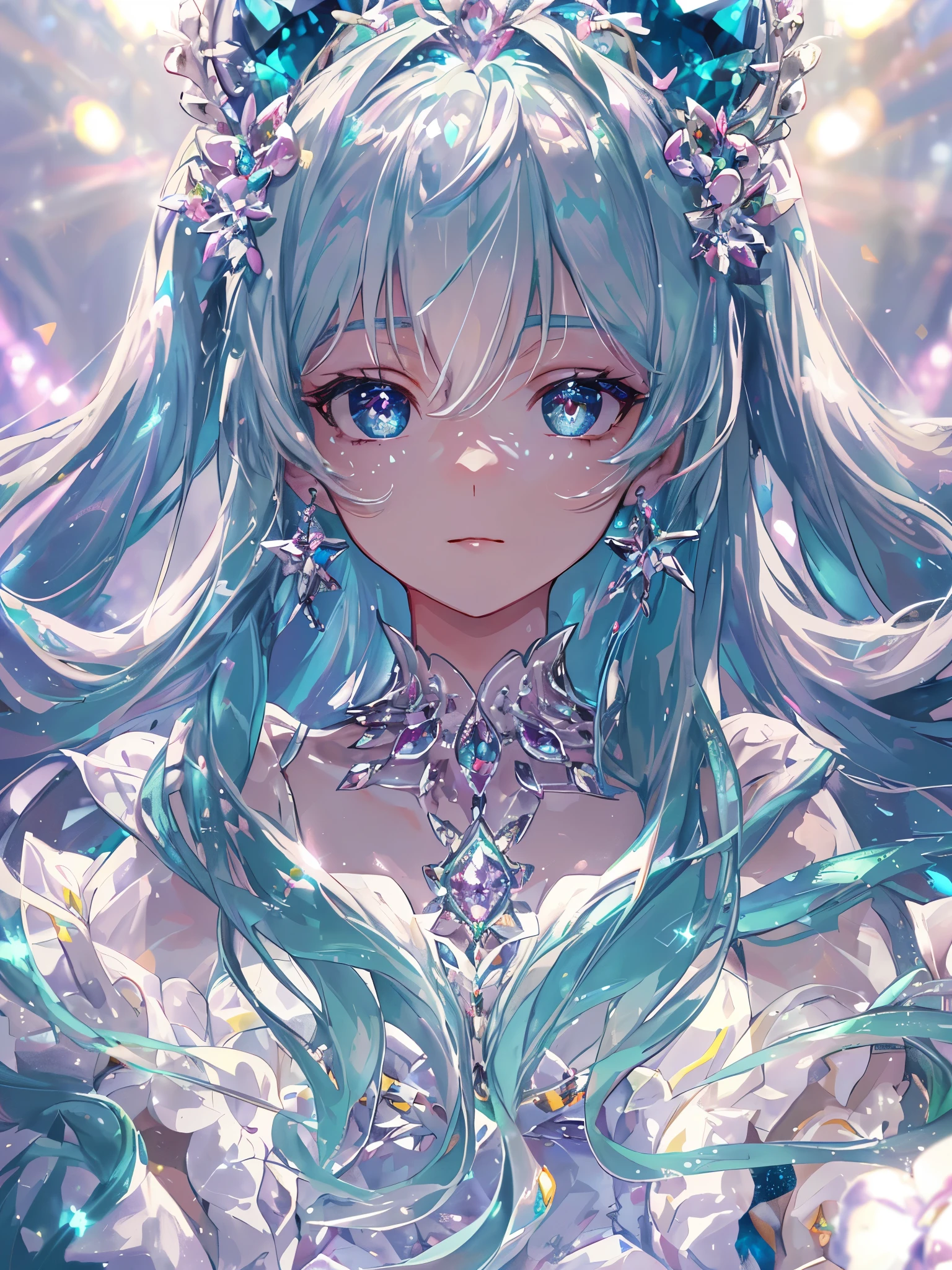 masterpiece, highest quality, figure, alexandrite eyes and hair, platinum earrings, Platinum Necklace, white dress, The Little Mermaid, cute, (dynamic lighting:1.2), cinematic lighting, delicate features, fine eyes, sharp pupils, realistic student, Depth of bounds written, Bokeh, sharp focus, (very detailed, bloom, shine:1.4), Many Small Gems, hatsune miku