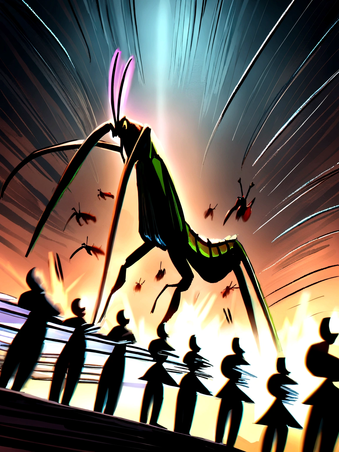 Highest quality, 8K, Giant praying mantis monster, Wielding a giant scythe, Destroying the city and going on a rampage, People running around々, Giant creatures, Motion Blur, Action Line, Speed Line