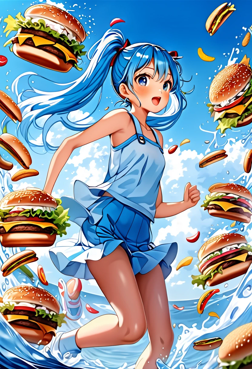 Light blue long hair、Beautiful girl with twin tails、Dream of being chased by bread、Hamburgers galore、A lot of hamburgers are chasing me、The girl is running desperately、Hamburger splash art