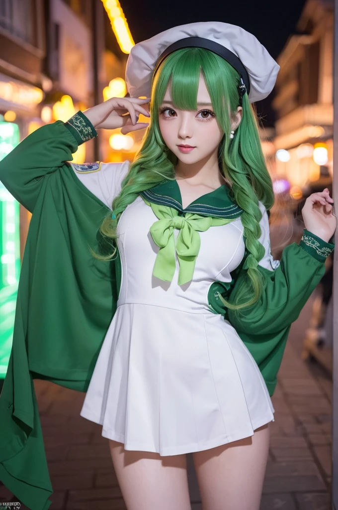 masterpiece)), ((best quality)), (ultra-detailed), ((kawaii)), cute, (lovely), ((sexy)), (ero), ((extremely detailed)), 4K, (8K), best quality, (beautiful), dynamic angle, city, town, night, a cute girl, solo, idol, young entertainer, beautiful light green hair, (beautiful eyes), sailor suit,