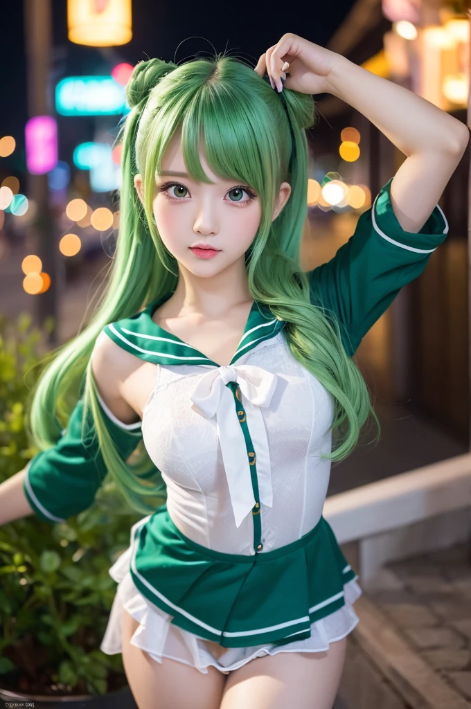masterpiece)), ((best quality)), (ultra-detailed), ((kawaii)), cute, (lovely), ((y)), ((extremely detailed)), 4K, (8K), best quality, (beautiful), dynamic angle, city, town, night, a cute girl, solo, idol, young entertainer, beautiful light green hair, (beautiful eyes), sailor suit,