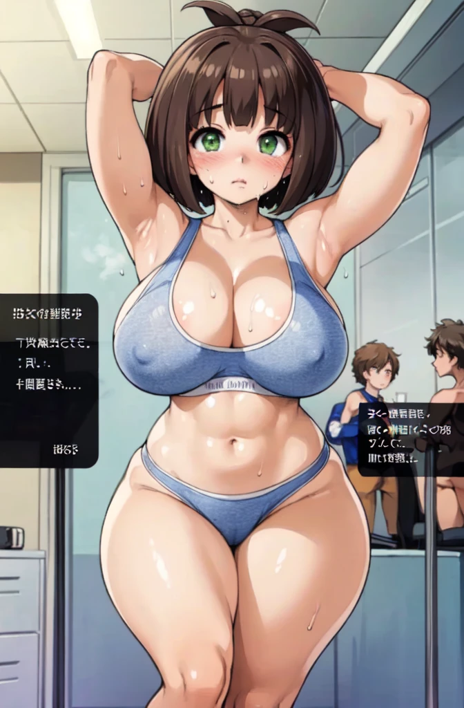 ((Table t○p, Highest quality, High Resolution、Anime Screen Capture、Pixel Perfect, 8K)))、Perfect Anat○my、((((Muscular))))、(((Huge breasts、Wide Hips、Wide thighs)))、(B○th armpits、Place your hands behind your head、Kneel)、((Navy Blue Sports Bra))、((vapor、Sweat)), vap○r,(Green Eyes)、((Bobcut、Brown Hair、Single Braid)), ((:or))、(Embarrassing、blush)、(locker room)、from the front