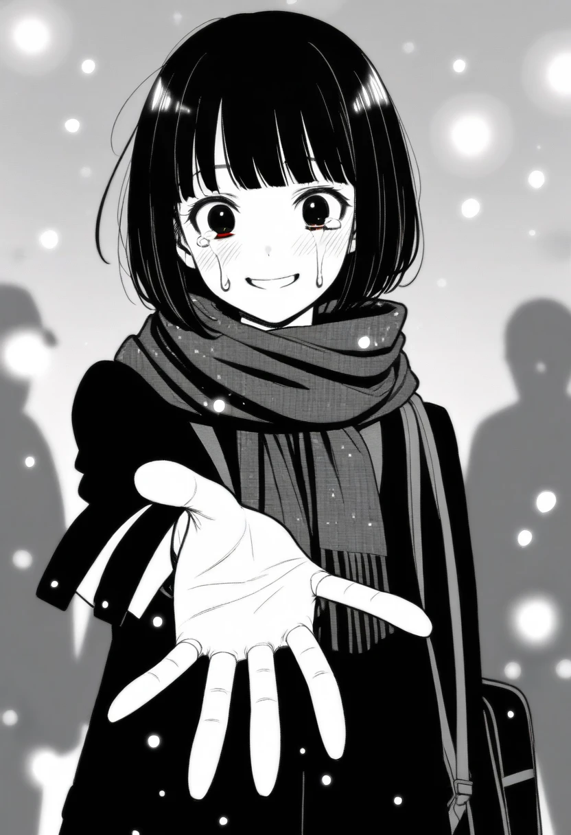 masterpiece, best quality, 1girl, mamerakkkkko, grayscale, manga style, japanese, chi no wadachi, black eyes, street, iced, black hair, schoolbag, smile, lineart, black coat, black scarf, black pleated skirt, leggins, centered, 18 years old, tall, fair skinned, bokeh background, crying, tears, tears streaming, bob cut, light particles, centered, snowing, (((reaching out a hand to viewer)))