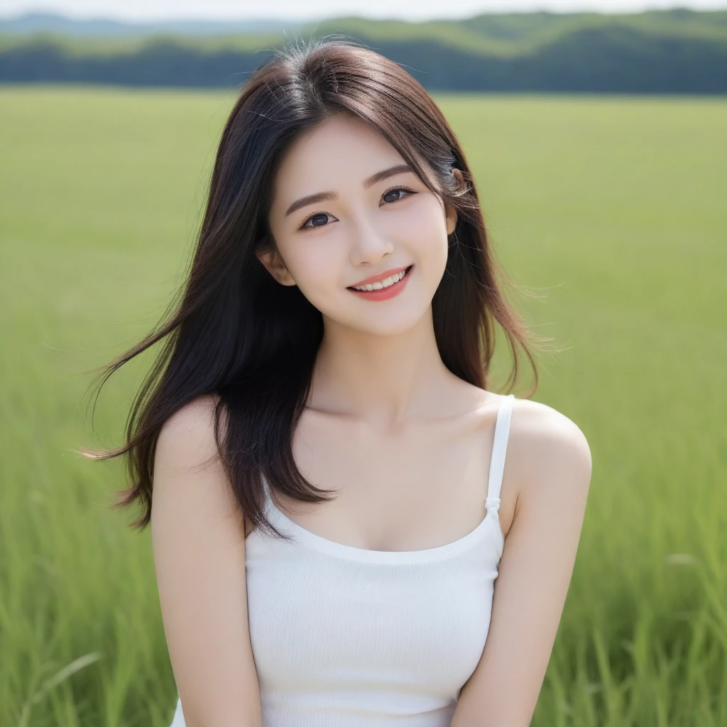 8K, Ultra-high resolution, Highest quality, masterpiece, 三分割法によるphotograph,Surreal, photograph, 1 girl, (16 years old:1.3), pretty girl, Cute face, Beautiful eyes in every detail, 細かくdetailedに,masterpiece,, One Girl:1.2, Japan Female Announcer,whole body、Black Hair、well-groomed eyebrows、Cute Lip Makeup,Minimalist Travel,Lonely, Green grassland,空を見上げる1 girl, Minimalism, In the savannah, figure,最もdetailedな,Cute gestures、so beautiful,A carefree smile,Healing the heart,Long Straight Hair,Looking at the audience、beauty,Long neck、Laugh a little、Please close your mouth and laugh、(((Ideal body type))),A-cup small breasts :2,、Portraiture:2、Perfect Anatomy、鮮明なdetailed、detailed、Surreal、Light and shadow,Strong light