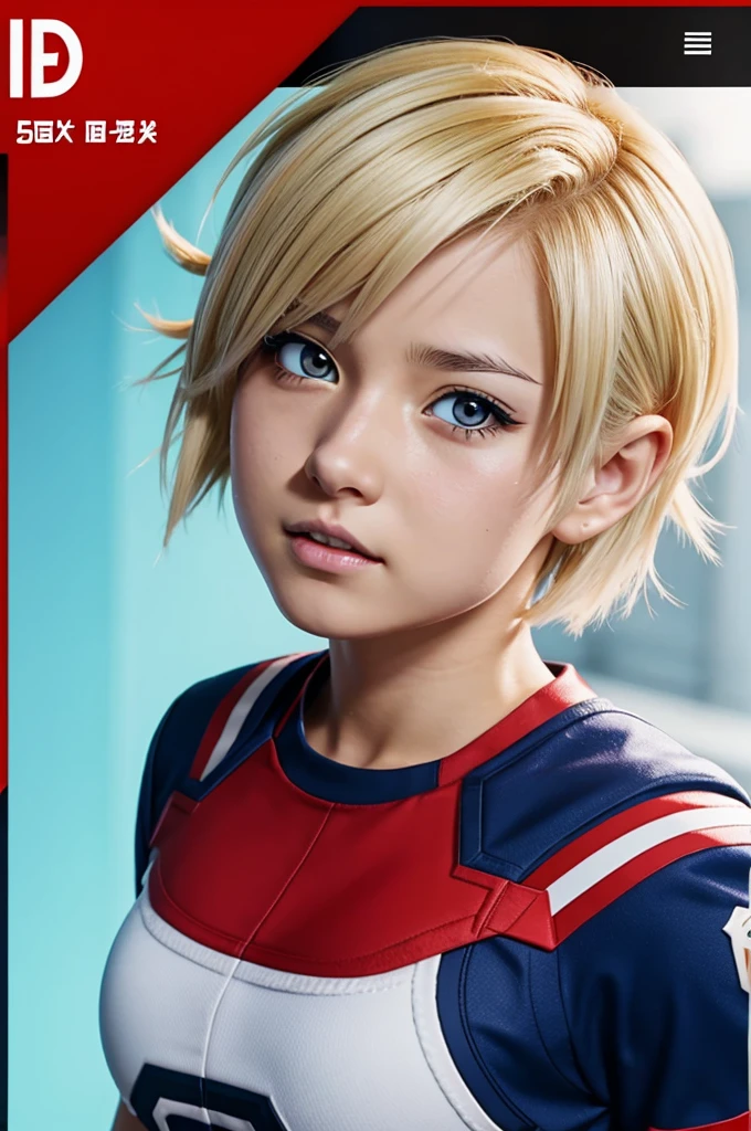 screenshot of my hero academia short hair girl blonde butterfly cut red eyes like bakugo with the UA uniform