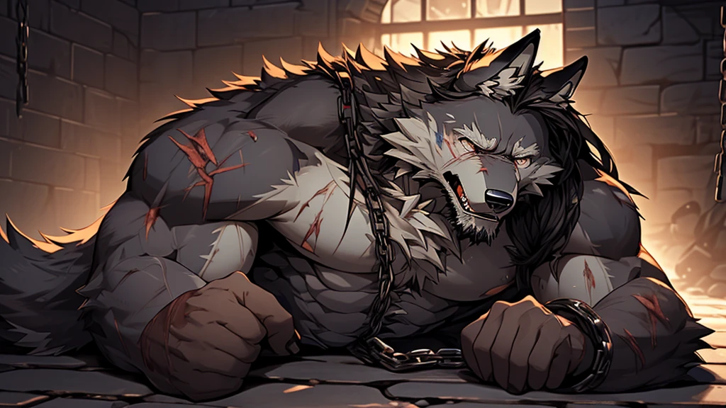 (best quality), (photorealistic:1.2), (masterpiece:1.3), (realistic detail:1.2), highest quality, ultra detailed, 8k, RAW photo, (mature male wolf:1.3), (extreme detail:1.3), (gray fur:1.2), facial hair, long hair, white braided hair, (elderly:1.2), (emaciated:1.3), nude, (muscular:0.9), (battered body:1.4), bleeding, (heavily scarred:1.4), shackled, (chained:1.4), (dungeon:1.3), (torture:1.3), (extreme pain:1.5), (semiconscious:1.3), (lying on ground:1.3), (weak:1.4), (suffering:1.5), (dim lighting:1.2)
