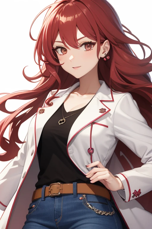 bonibel Handsome 40 year old woman with long wavy red hair with pink highlights, pierced ears, honey brown eyes, open white doctor's coat, blue denim jeans, white shirt with candy print, black belt, looking directly at viewer. a white background.