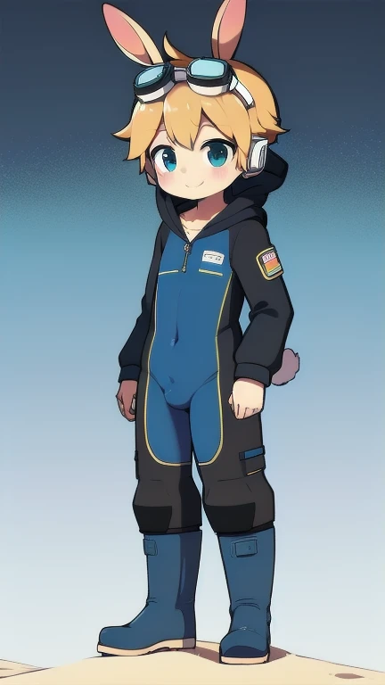 2D Boy Shota,One-piece mountaineering suit,Slim, healthy body,Put the headphones on your head,stand up,goggles,Rabbit ears,happy,Sailor collar,tie,Zipper pulled down,boots,hood