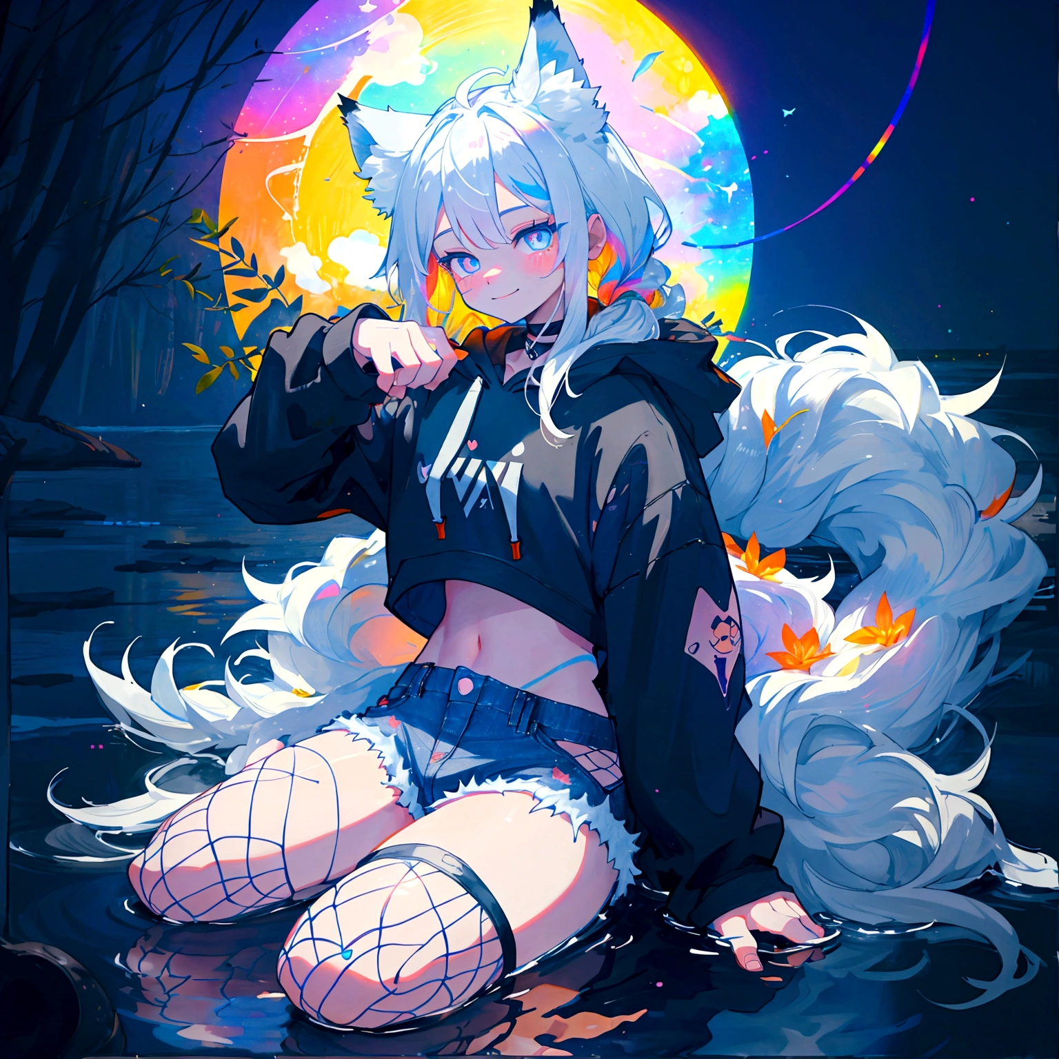 a cute adult male with wolf ears, long white hair, long locks, has a wolf tail, wearing a loose cropped black hoodie, wearing a pair of denim short shorts and fishnet stockings, thick thighs, wide hips, relaxing on mound of fluffy multi colored kawaii plushies, short, very slim, showing slender tummy, heart on hoodie, squishy thighs, has glowing blue eyes. alone, solo (ALONE)(SOLO), surrounded by rainbows, colorful galaxy backround, smiling, stretching out, water reflection