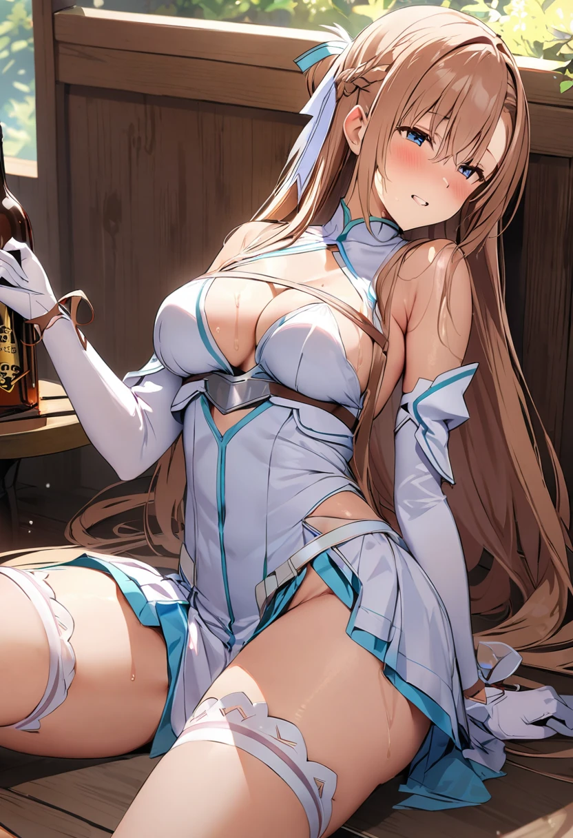 ((masterpiece)), Highest quality, Very detailed,(One Girl),Yuki Asuna、Asuna (stay),  bare shoulders, armor, detached sleeves, gloves, white gloves, dress, white dress, Long Hair,Beautiful background ,Clothing,  chest, Bent body,Lie in, Look to the side, Worried face, The female genitals are in full view, Drunk look, Hot body、Sweaty、Spread your legs, Ecstasy, Opening the vagina with your fingers、Female genitalia seen deep inside、 Browsing Caution,