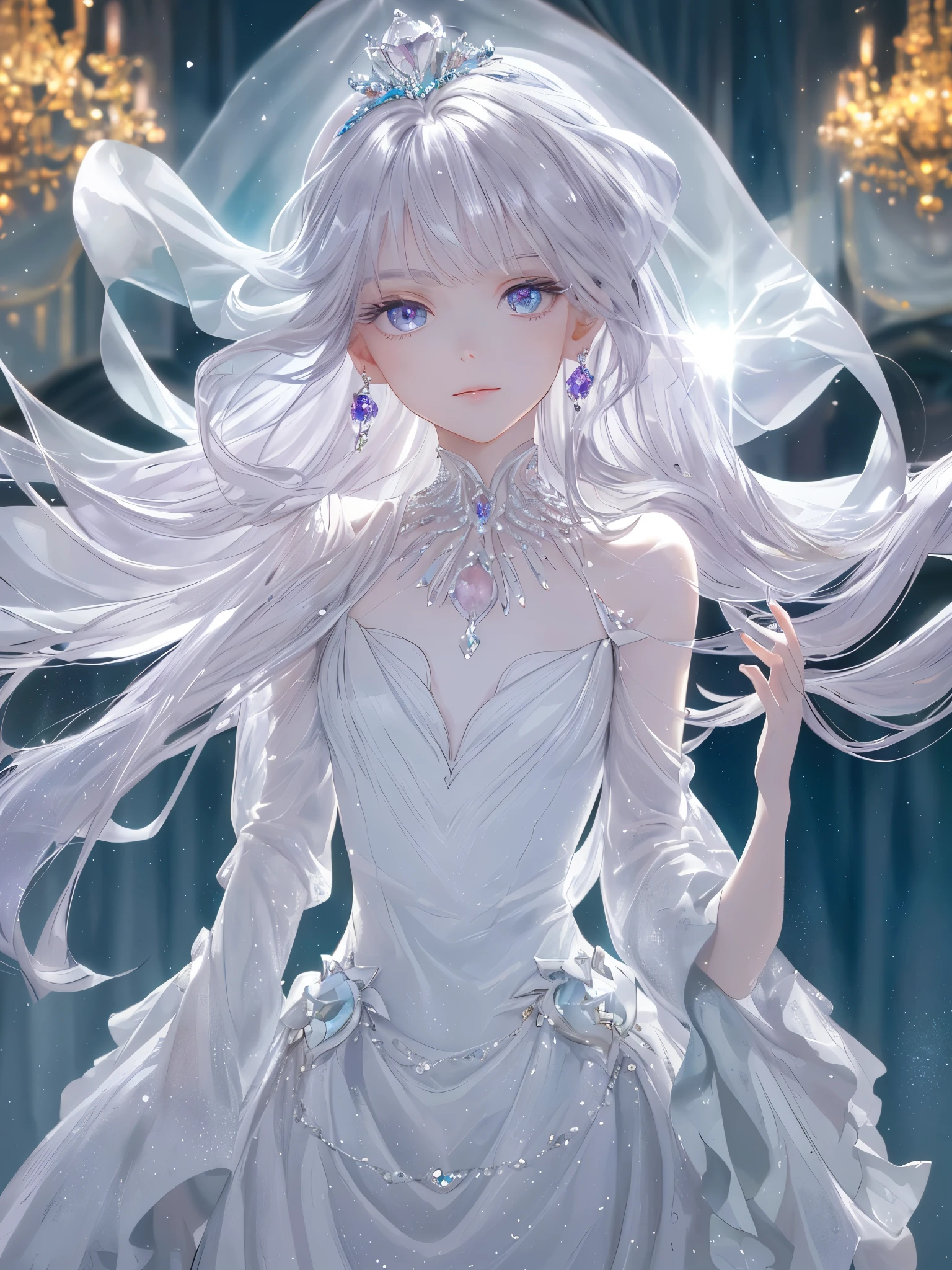 masterpiece, highest quality, figure, alexandrite eyes and hair, platinum earrings, Platinum Necklace, white dress, The Little Mermaid, cute, (dynamic lighting:1.2), cinematic lighting, delicate features, fine eyes, sharp pupils, realistic student, Depth of bounds written, Bokeh, sharp focus, (very detailed, bloom, shine:1.4), Many Small Gems