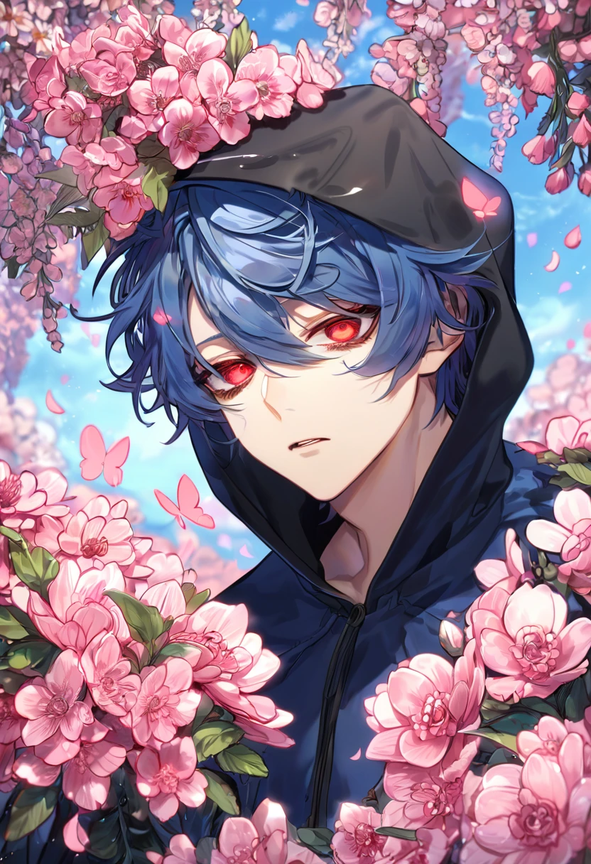 absurdres, highres, ultra detailed, HDR, master piece, best quality, Sleepy Ash, expressive red eyes, messy hair, shoulder-length, blue hair, black bags under the eyes, Servamp, solo, sexy man, handsome, blue jacket, black furred hood pulled over his head, fantasy, shining, pink flowers, pink blossoms, pink butterflies, pink petals