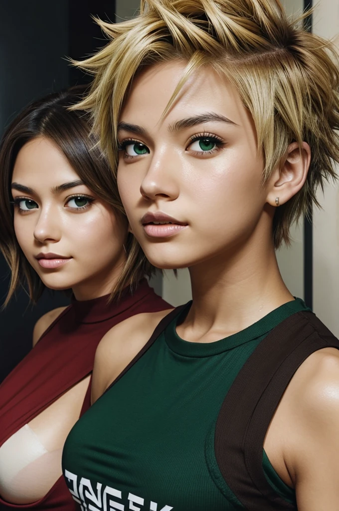 Draw Bakugou Katsuki with a girl with short neck-length hair,dark brown, green eyes and light skin