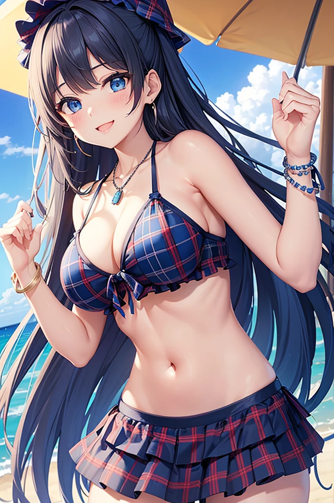 Highest quality、Highest quality、masterpiece、(8K),Beauty(Age 25)、Navy blue long hair、blue eyes、Sexy Bikini(Plaid)、Big cleavage、(Big Breasts)、smile、blue necklace、Blue Earrings、background(Beach)、Please open your mouth wide、Plaidのリボンで髪を結ぶ、bracelet、Dynamic pose
